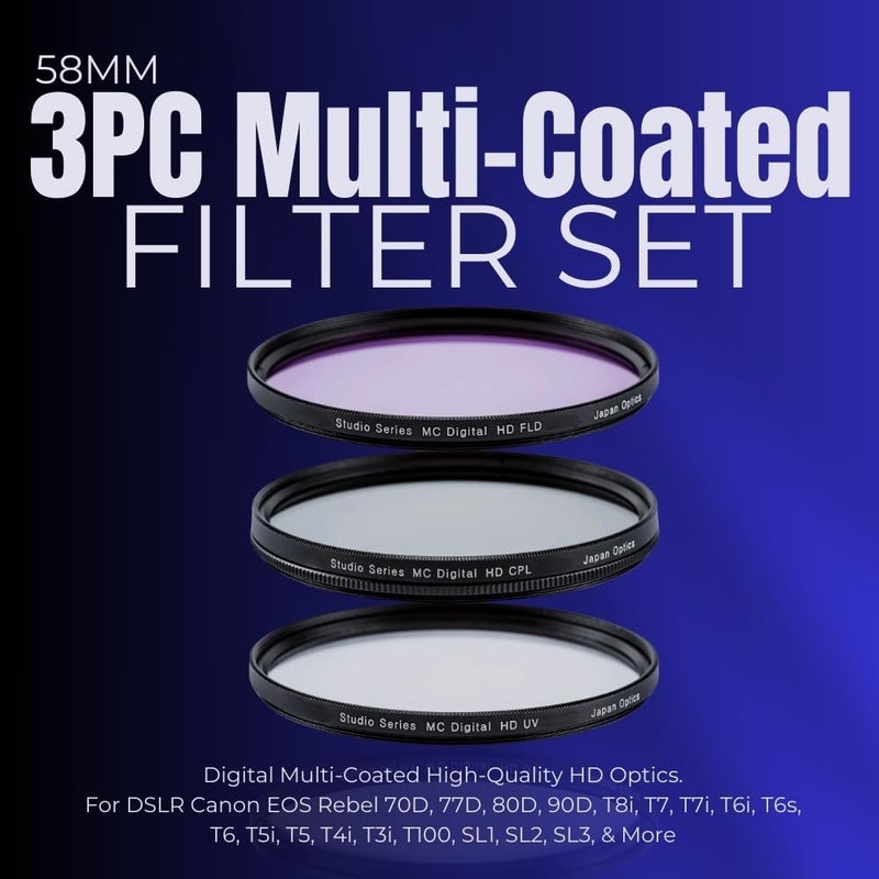 SSE 58mm Multi-Coated 3 Piece Filter Kit (UV-CPL-FLD) for DSLR Canon EOS Rebel 70D 77D 80D 90D T8i T7 T7i T6i T6s T6 T5i T5 T4i T3i T100 SL1 SL2 SL3 & More - Image 2